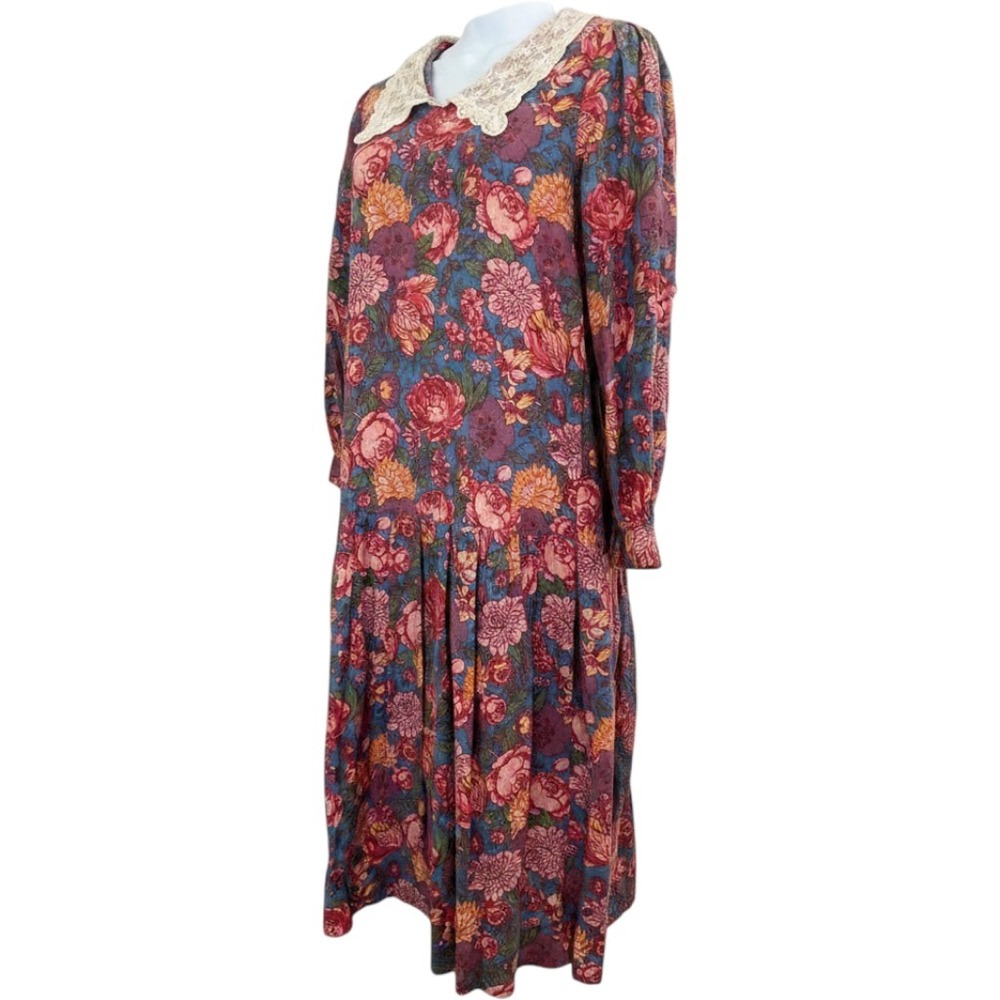 VTG Laura Ashley 80's Cotton/Wool Dress Sz 10 Lace Collar Drop Waist Floral Midi